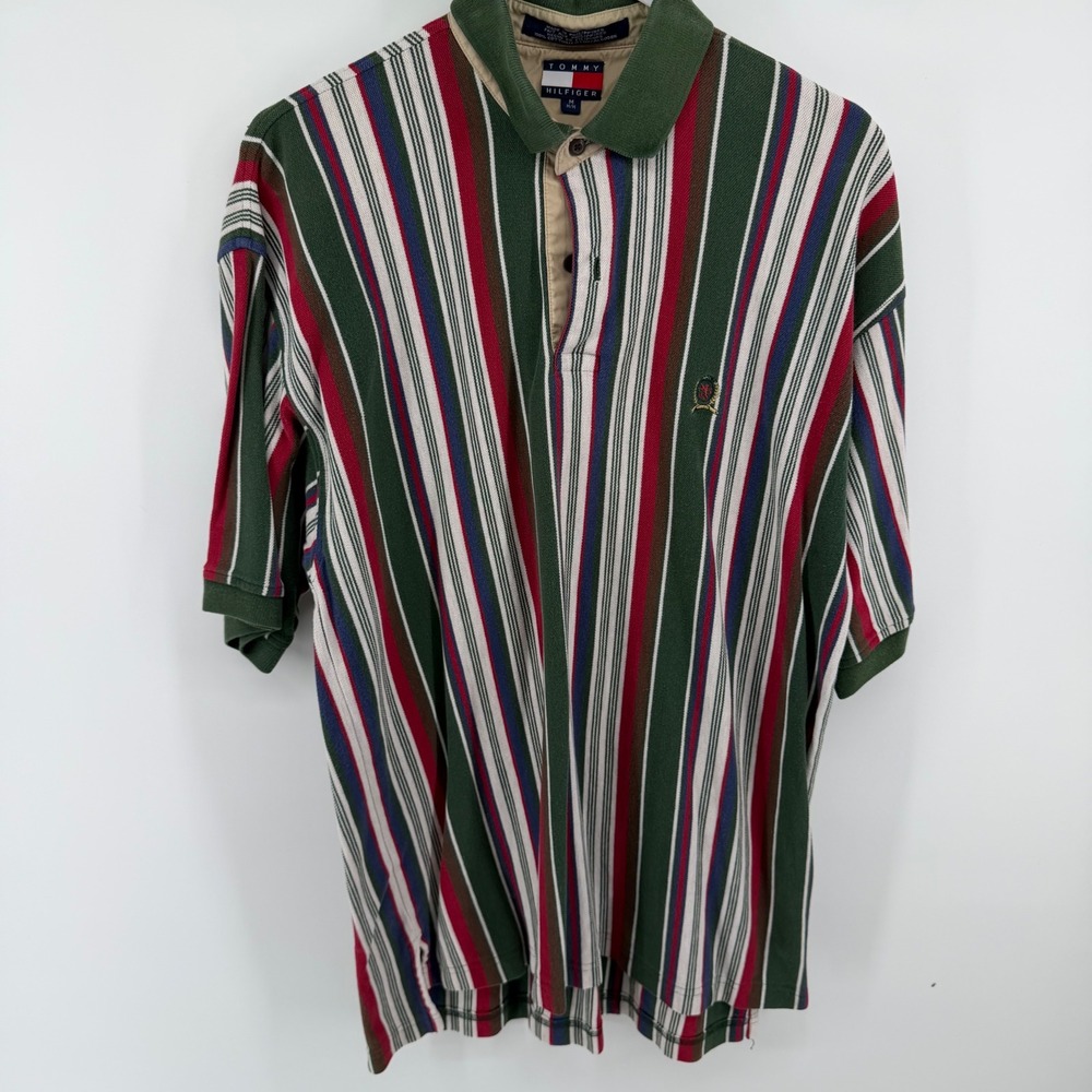 Vintage Tommy Hilfiger‎ Mens Striped Polo Shirt Green Red Navy Crest Logo Size M